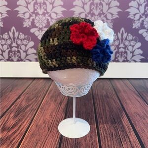 Crochet Camo Hat with Red, White & Blue Flowers